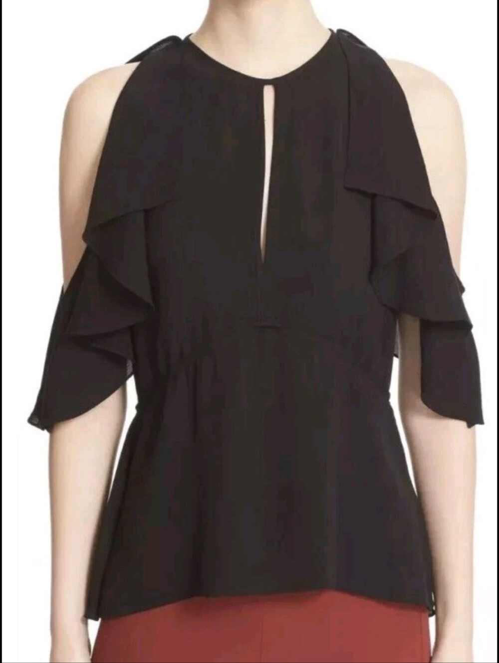 Theory Desiraya Cold-Shoulder Ruffle Top | Size S | Black Blouse Silk Peplum